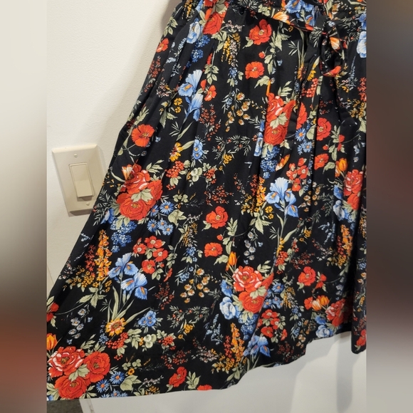 H&M Size M Black Floral Paper Bag Midi Cotton Skirt W/pockets - Picture 3 of 7